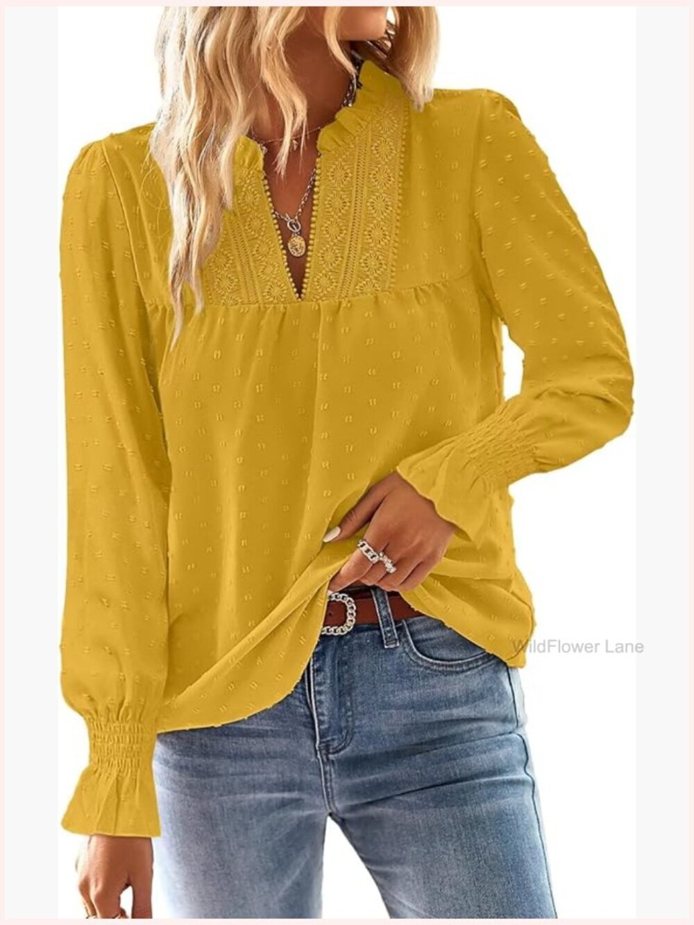 Boho V Neck Blouse Flowy Swiss Dot Lace Long Sleeve Tunic